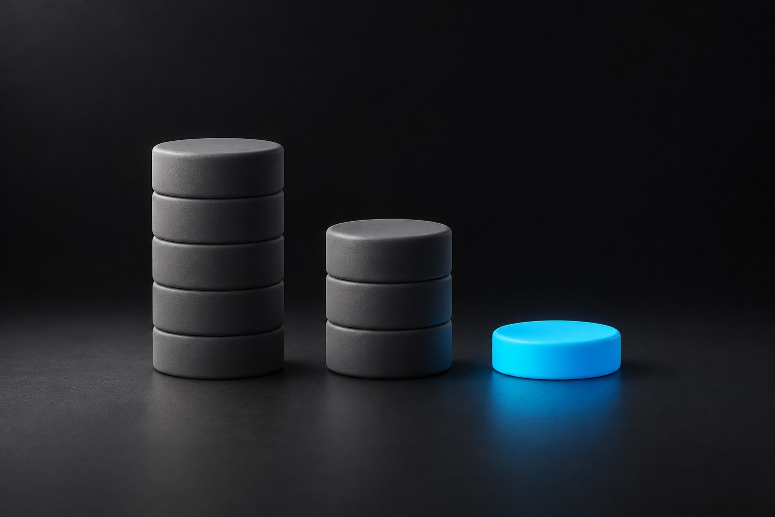 Three stacks of grey discs of falling height; the last is a single blue disc.