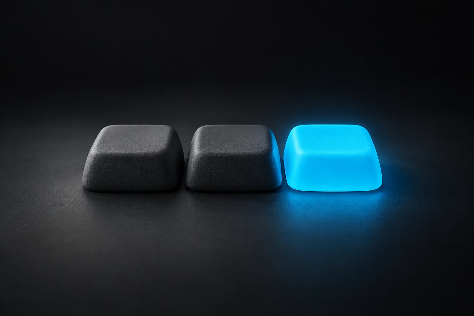 Three grey keycaps in a row; the last one is blue.